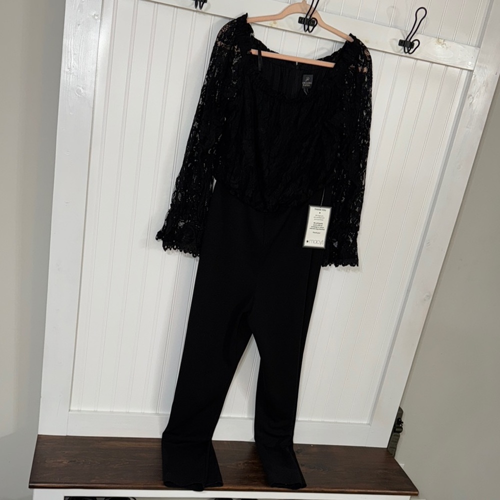 Adrianna Papell Black Lace and Crepe Jumpsuit with Sheer Sleeves